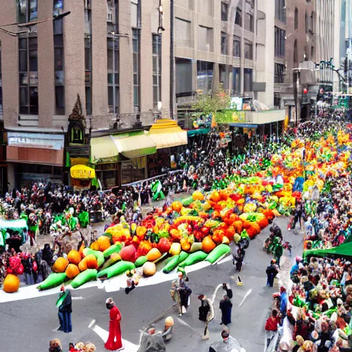 Image similar to a parade of stuffed fruits and vegetables marching down 5 th ave manhattan on st. patrick's day, 8 k, photo realistic, extremely life like