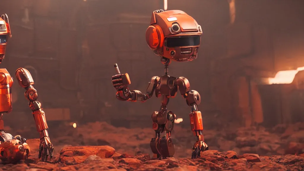 Image similar to film still from the movie chappie of the robot chappie shiny metal outdoor planet mars deep orange red rock scene bokeh depth of field several figures furry anthro anthropomorphic stylized cat ears head android service droid robot machine fursona