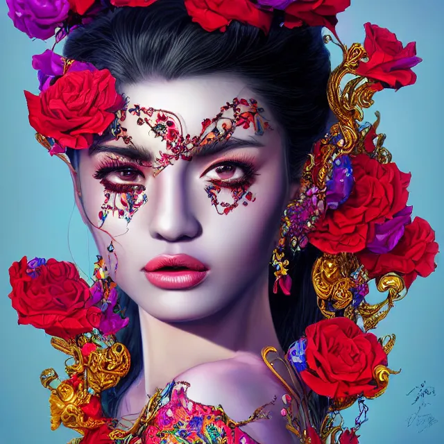 Prompt: studio portrait absurdly beautiful, elegant, lovely, young hypercolorful sensual latina idol rubies red petals gems, ultrafine hyperrealistic detailed face illustration by kim jung gi, irakli nadar, intricate linework, sharp focus, bright colors, matte, octopath traveler, final fantasy, unreal engine highly rendered, global illumination, radiant light, intricate rainbow environment