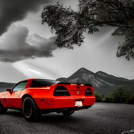 Image similar to black pontiac firebird trans - am driving towards the camera, mountain, valley, breathtaking mountains, lake, dynamic, sunrise, cinematic, motionblur, sunbeams, volumetric lighting, wide shot, low angle, large lightning storm