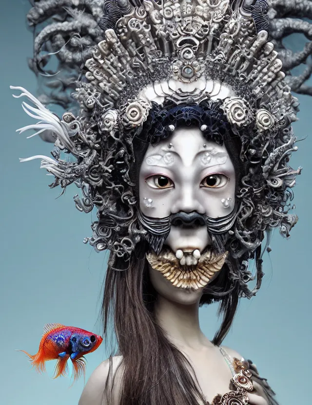 Image similar to goddess macro close - up portrait wigh crown made of ram skull. beautiful intricately detailed japanese crow kitsune mask and clasical japanese kimono. betta fish, jellyfish phoenix, bioluminiscent, plasma, ice, water, wind, creature, super intricate ornaments artwork by tooth wu and wlop and beeple and greg rutkowski