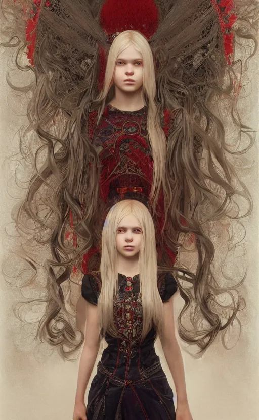 Prompt: full body shot of a young girl with blond twin tail hair and red eyes standing in front of a white wall, intricate details, eerie, highly detailed, photorealistic, octane render, 8 k, unreal engine, art by artgerm and greg rutkowski and alphonse mucha