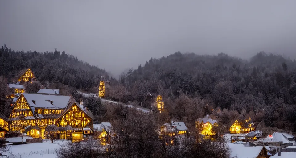 Prompt: an eerie abandoned village in the black forest at midnight illuminated by christmas lights