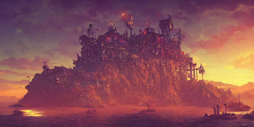 Prompt: cyberpunk fantasy valley floating castle stylized digital illustration sunset hue cinematic atmosphere retro kingdom civilization architecture iridescence steampunk global illumination ray tracing