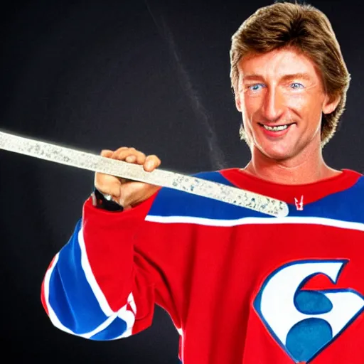 Prompt: Photo of Wayne Gretzky as a super hero, flying and holding a hockey stick in his hand, smiling, hyper realistic