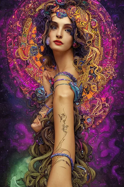 Image similar to psychedelic, intricate, highly detailed, digital painting, 4k, illustration, gorgeous seductive Goddess holding a black cube hovering above the sea, with professional makeup, long trippy hair, surrounded by gems, underneath the stars, trending on patreon, deviantart, twitter, artstation, volumetric lighting, heavy contrast, by artgerm and Greg Rutkowski and alphonse mucha
