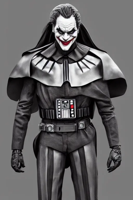 Prompt: Joker wearing vader's armor suit, cosplay, full character, artstation, highly detailed, highly realistic