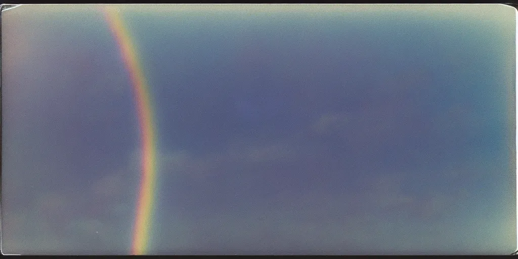 Image similar to polaroid photo of a single rainbow in the sky, clouds in the background, light blue sky, slight color bleed from the rainbow