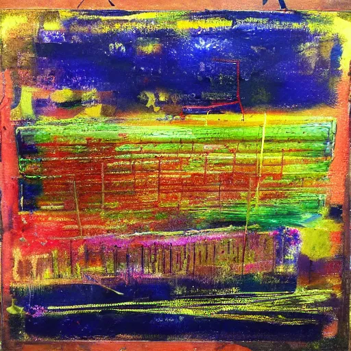 Prompt: an abstract painting of fields of colur with a mixed media construction on top,