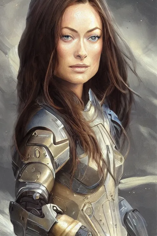 Image similar to a professional painting of a young Olivia Wilde, clothes in military armor, olive skin, long dark hair, beautiful bone structure, symmetrical facial features, intricate, elegant, digital painting, concept art, smooth, sharp focus, illustration, from StarCraft by Ruan Jia and Mandy Jurgens and Artgerm and William-Adolphe Bouguerea