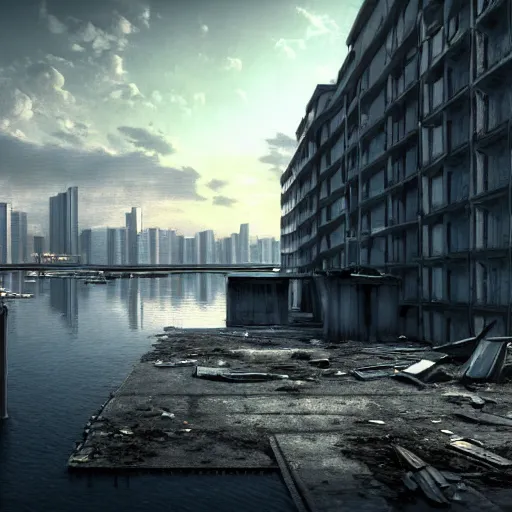 Image similar to a beautiful photorealistic rendering of building city abandoned unfinished building dock by jean - baptiste - camille corot, neon noir sci - fi alien darkacademia tokyo lake tundra cgsociety nightvision fisheye sunlight evil, archdaily, wallpaper, highly detailed, trending on artstation.