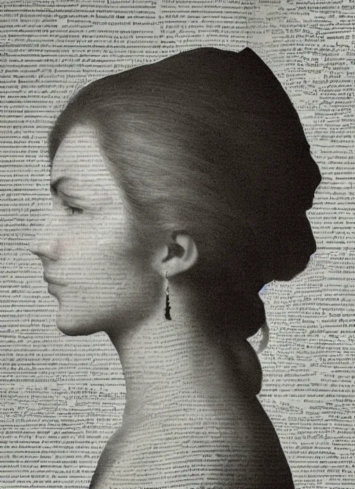 Image similar to a woman's face in profile, made of pages, in the style of the Dutch masters and Gregory Crewdson, dark and moody