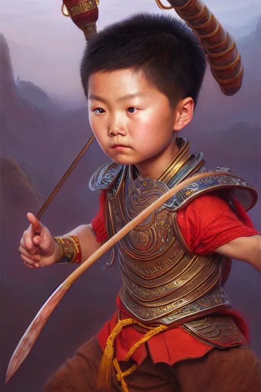 Image similar to a masterpiece portrait of nezha, highly detailed, boy hold spear, chinese fantasy, highly detailed, digital painting, trending on artstation, concept art, sharp focus, illustration, global illumination, ray tracing, realistic shaded, art by artgerm and greg rutkowski and fuji choko and viktoria gavrilenko and hoang lap