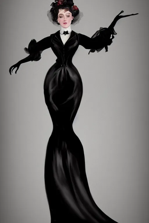 Image similar to Pretty victorian woman in a black shiny dress, fullbody portrait, character concept art