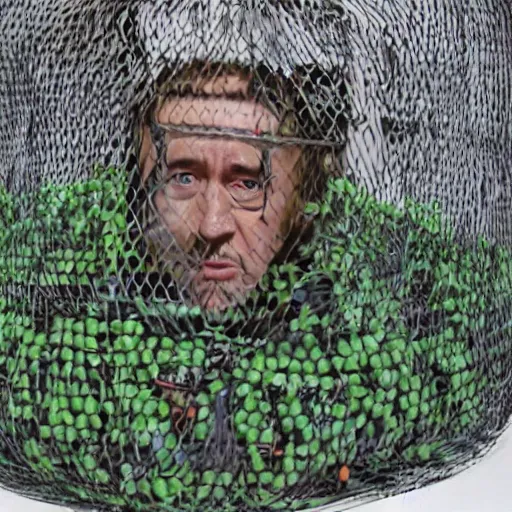 Image similar to nicolas cage trapped in a wicker cage with peas on his face, dying