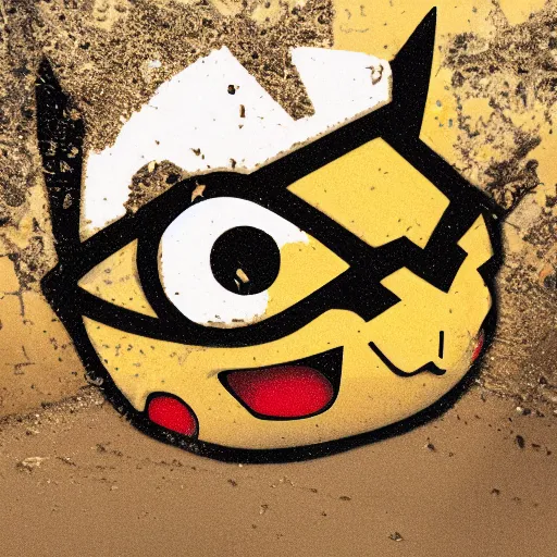 Image similar to The face of Pikachu appearing in shards of broken pottery, 8K resolution photo