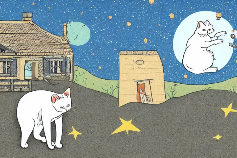 Image similar to detailed illustration of a white cat with a black spot on her trunk playing guitar, an old house with a window over a hill, blue sky, a big star falling