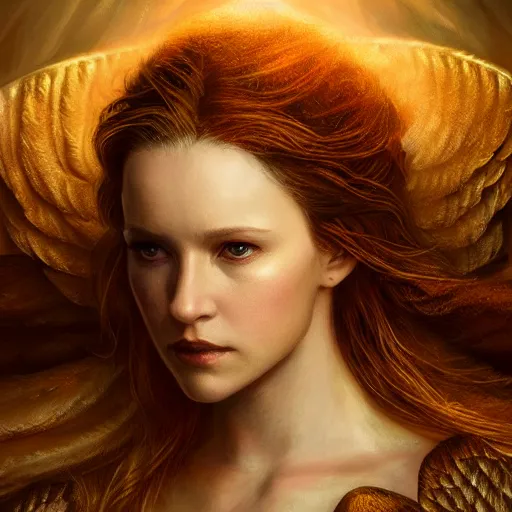 Image similar to majestic gracious regal radiating female winged angel portrait, atmospheric lighting, painted, ethereal, intricate, volumetric lighting, beautiful, rich deep colours masterpiece, golden hour, sharp focus, ultra detailed, by leesha hannigan, ross tran, thierry doizon, kai carpenter, ignacio fernandez rios