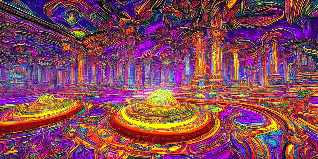 Prompt: temple of the supreme artificial intelligence on an earth like psychedelic planet, beautiful ultra detailed colorful digital art