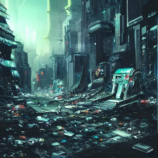 Image similar to futuristic underground polluted city, depressing, garbage piles, artstation