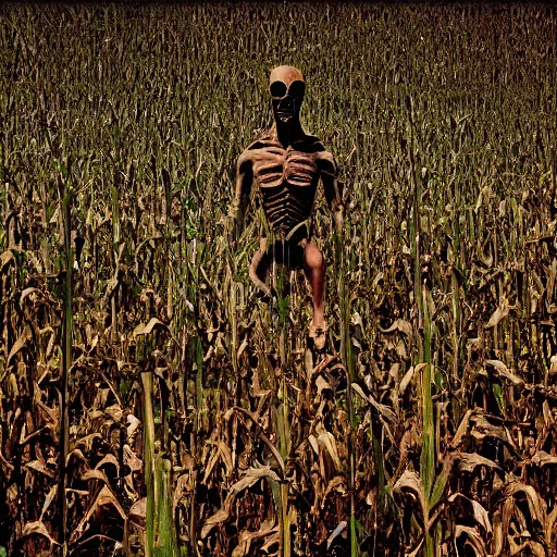 Prompt: found footage grainy photo of an alien creeping through a corn field