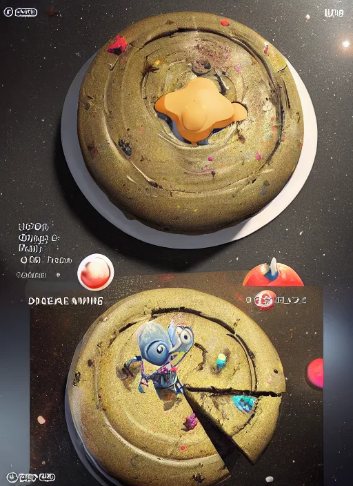 Image similar to a space cake on a table, au naturel, hyper detailed, digital art, trending in artstation, cinematic lighting, studio quality, smooth render, unreal engine 5 rendered, octane rendered, art style by pixar dreamworks warner bros disney riot games.