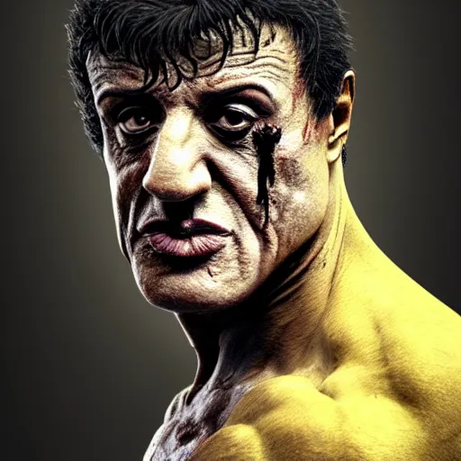 Prompt: sylvester stallone as a flesh eating zombie with cuts on face and yellow teeth, 7 days to die zombie, fine art, award winning, intricate, elegant, sharp focus, cinematic lighting, highly detailed, digital painting, 8 k concept art, art by guweiz and z. w. gu, masterpiece, trending on artstation, 8 k