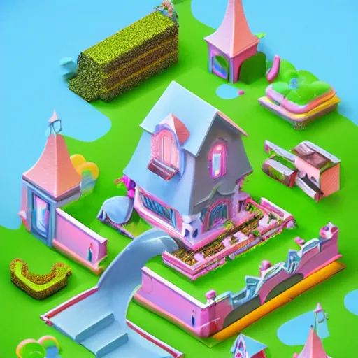 Image similar to Isometric 3D Fantasy Cute House, very coherent, very realistic, no background, 4k, 3D character, very colourful, cinematic lighting, soft neon, CGI render, trending on Behance