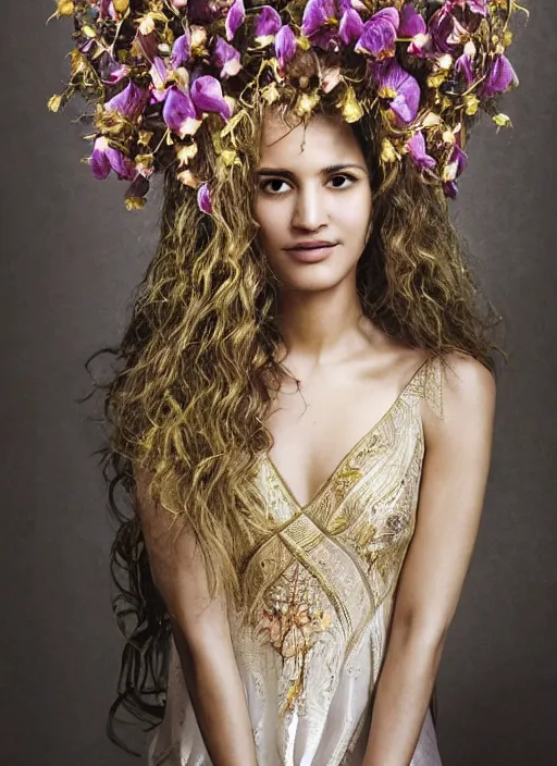 Image similar to an oil on canvas portrait! of Adria Arjona as an ethereal beauty with wavy hair covered by an orchid floral crown. The royal dress is made of intricate gold and silver threads with jewellery, composing complex geometrical patterns, zenithal lighting, shot on 70 mm, by Alina Ivanchenko and Hirothropologie and Patrick DeMarchelier .