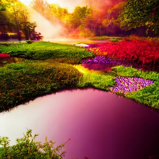 Image similar to crystalline flowers illuminate the otherworldly dichroic pond, fog, godlight, happy, colorful, glow, stars, golden ratio