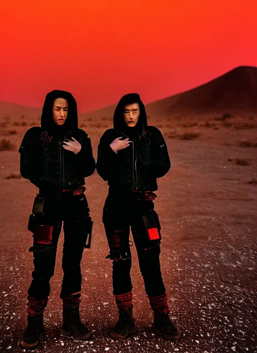 Image similar to cinestill 5 0 d photographic portrait of two loving clones, beautiful women wearing rugged black techwear on a desolate plain with a red sky, extreme closeup, diverse species, cyberpunk style, in front of a brutalist dark metal facility, dust storm, 3 5 mm, 8 k, f / 3 2, high resolution, ultra realistic faces