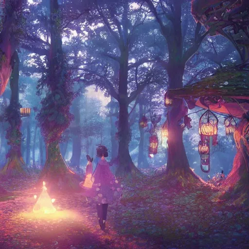 Image similar to the aesthetic view of the beautiful, grand, wistful, dreamy hidden forest at dusk, hyperrealistic anime illustration by iralki nadar, colorful, extremely detailed, intricate linework, super sharp focus, bright colors, octopath traveler, studio ghibli, unreal engine 5 highly rendered, global illumination, radiant light, detailed and intricate environment