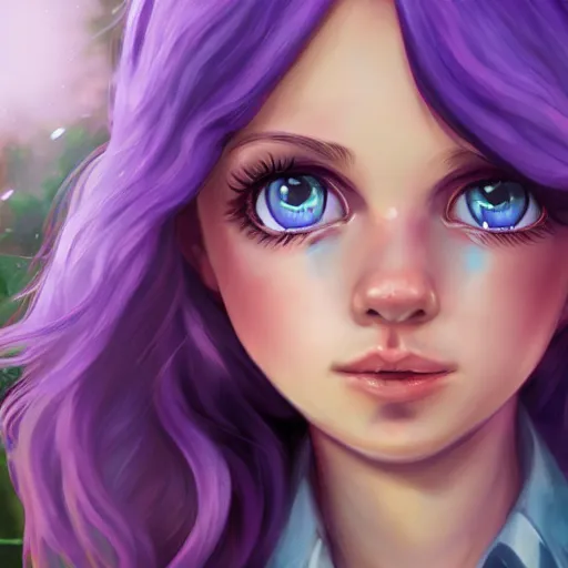 Image similar to Abigail from stardew valley, purple hair, blue eyes, farm background, large eyes, cgsociety, realistic, highly detailed, sublime, 16k, smooth, sharp focus, trending on ArtStation, hyperdetailed, volumetric lighting