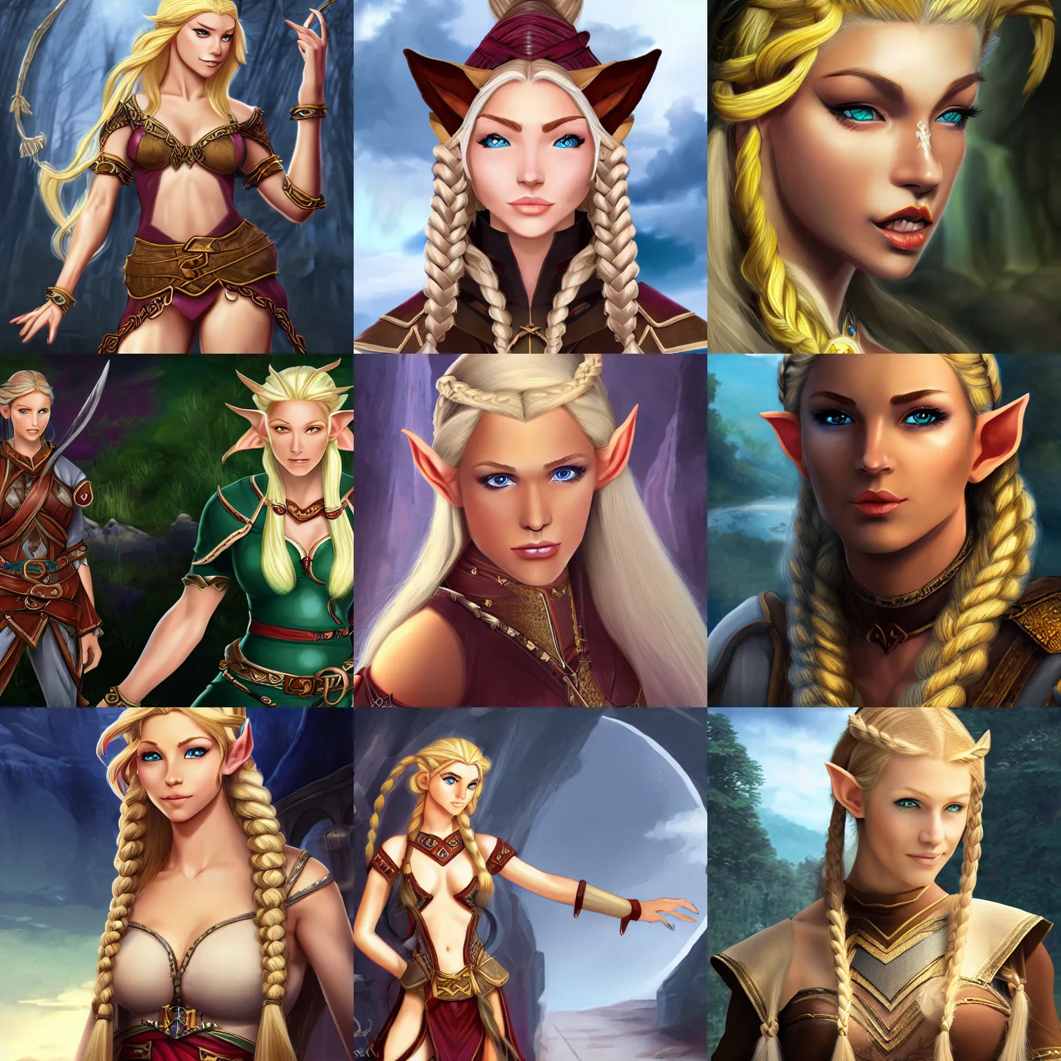 Prompt: beautiful, sexy, half elf with blonde braided hair, character artwork for dungeons and dragons, 4 k, 8 k