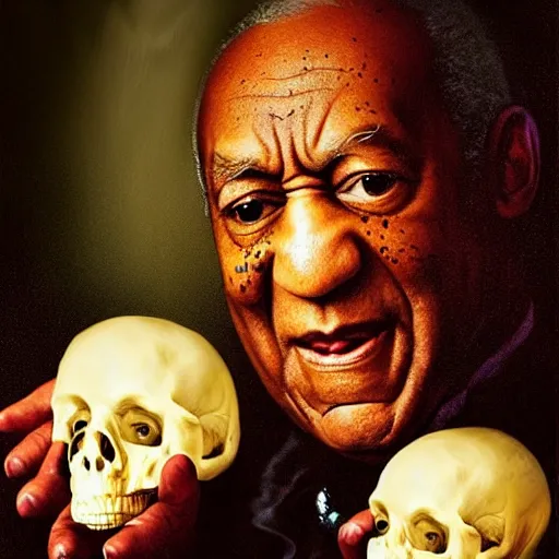 Image similar to hyperrealistic portrait of bill cosby as a vampire witch in a black coat holding a human skull as a crystal ball. by jeremy mann and alphonse mucha, fantasy art, photo realistic, dynamic lighting, artstation, poster, volumetric lighting, very detailed faces, 4 k, award winning