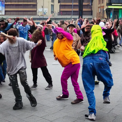 Image similar to a group of homeless people dancing to rave music,