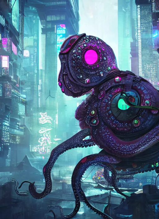 Image similar to hyperrealism, detailed textures, photorealistic 3 d cyberpunk octopus in apocalyptic city, futuristic clothing and helmet, neon colors, ultra realistic, cinematic, intricate, low light, unreal engine 8 k