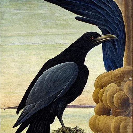 Prompt: high quality oil painting by botticelli, a raven bird standing on an open scallop shell