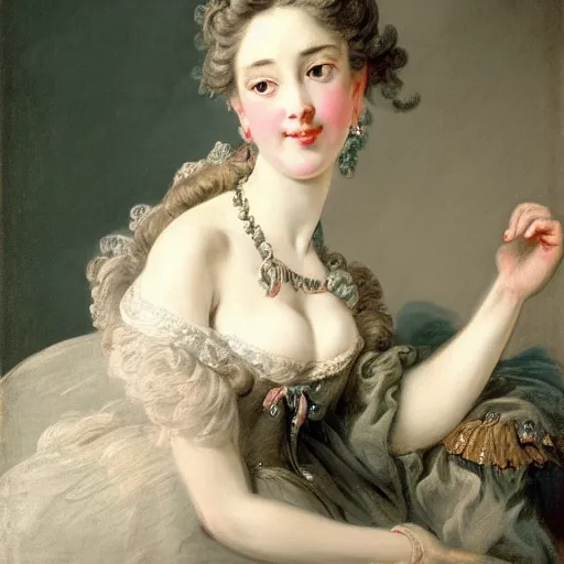 Image similar to portrait painting of a woman, bourgeoisie, high society, beautiful, elegant, shoulder - length, playful, by francois boucher, largilliere, elisabeth vigee le brun, rococo