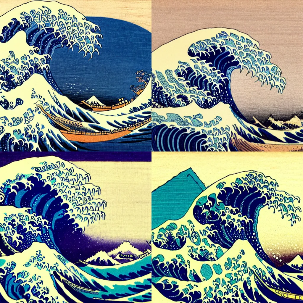 Prompt: a painting of a large wave with a mountain in the background, a woodcut by hokusai, featured on pixiv, ukiyo - e, ukiyo - e, wavy, creative commons attribution