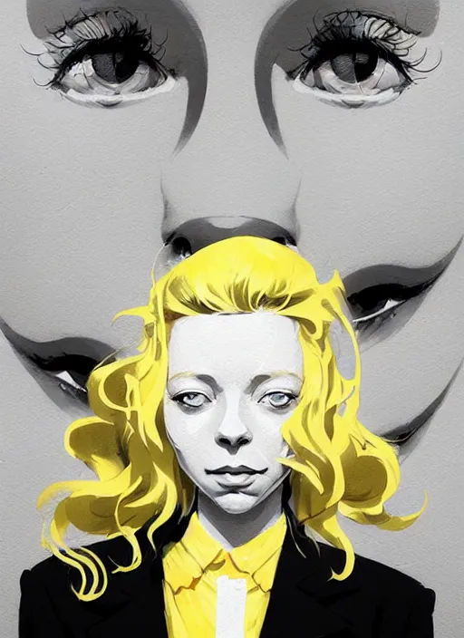 Image similar to highly detailed closeup portrait of beautiful portia doubleday, blonde wavy hair, angela moss, white suit by atey ghailan, by greg rutkowski, by greg tocchini, by james gilleard, by joe fenton, by kaethe butcher, gradient yellow, black and white color scheme, grunge aesthetic!!! ( ( graffiti tag wall background ) )