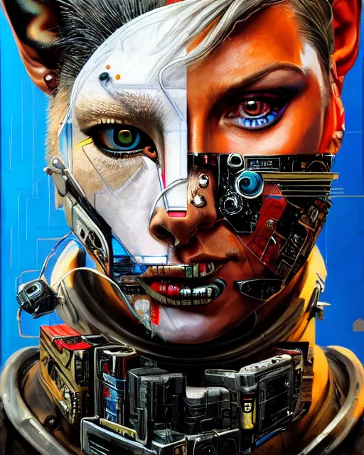 Image similar to a portrait of an anthropomorphic cyberpunk ocelot by sandra chevrier, by jon foster, detailed render, tape deck, epic composition, cybernetics, 4 k realistic, cryengine, realistic shaded lighting, sharp focus, masterpiece, by enki bilal