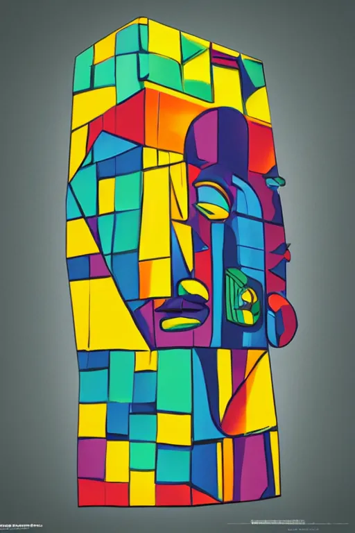 Image similar to cubist moai statue cutout digital illustration cartoon colorful beeple