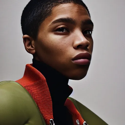 Image similar to realistic photoshooting for a new balenciaga lookbook color film photography portrait of a beautiful woman model, model wears a puffer jacket, photo in style of tyler mitchell, wes anderson