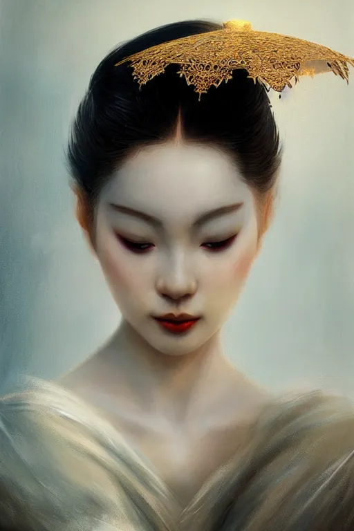 Image similar to geisha prima ballerina, gorgeous, ethereal, close-up portrait, intricate, elegant, volumetric lighting, scenery, digital painting, highly detailed, artstation, sharp focus, illustration, concept art, ruan jia, steve mccurry