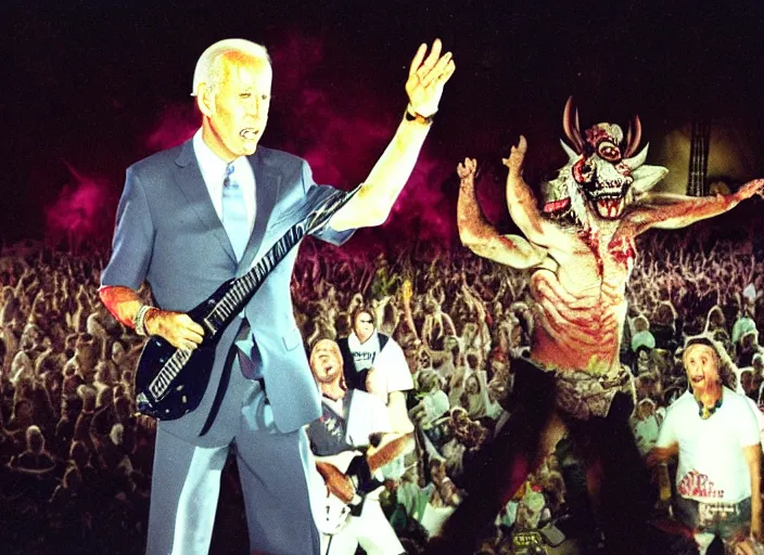 Image similar to publicity photo still of joe biden in gwar live on stage 1 9 9 8, 8 k, live concert lighting, mid shot