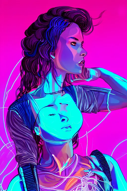 Prompt: a award winning half body portrait of a beautiful woman in a croptop and cargo pants with ombre purple pink teal hairstyle and hands in pockets, surrounded by whirling illuminated lines, outrun, vaporware, shaded flat illustration, digital art, trending on artstation, highly detailed, fine detail, intricate