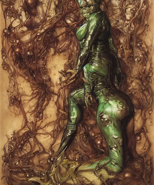 Prompt: a portrait photograph of a fierce mutated transforming hybrid super villian with slimy skin. she looks like sadie sink and is trying on a infected bulbous shiny organic catsuit. by donato giancola, hans holbein, walton ford, gaston bussiere, peter mohrbacher and brian froud. 8 k, cgsociety, fashion editorial