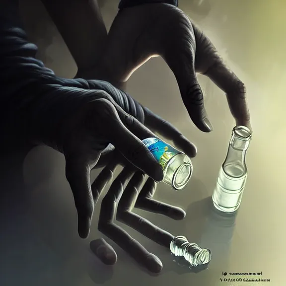 Image similar to detailed digital art of a normal hand holding a single tiny unlabeled clear medicine bottle half-full of mysterious black liquid; magic the gathering art by Volkan Baga, rk post, Lindsey Look, artstation