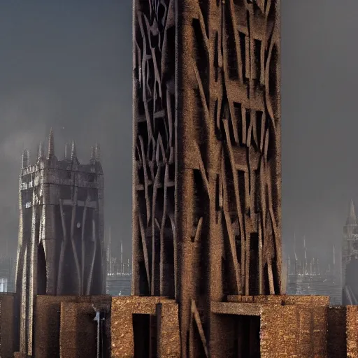 Image similar to a gigantic brutalist ancient tower, a detailed structure with at the top 3 spires in form of a trident, 6 0 0 hundred meters tall set against sunlit, all surrounded by smoke, mountains and a huge old city, vray render 4 k, octane render 8 k, art station, ultra realistic, cinematic composition, style of weta, in the style of ilm